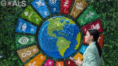 Eine Frau vor einem Kunstwerk im Pavillon der Türkei bei der Weltklimakonferenz COP29 (Bild: picture alliance/dpa/AP/Sergei Grits)