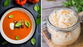 Gazpacho (© picture alliance / Zoonar/ Ingrid Balabanova) vs. Krautsalat (© IMAGO / Panthermedia)