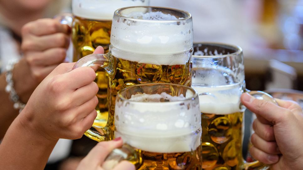 Begleitetes Trinken – Besucher stoßen auf dem Münchner Oktoberfest mit Bier an. © picture alliance/dpa | Matthias Balk