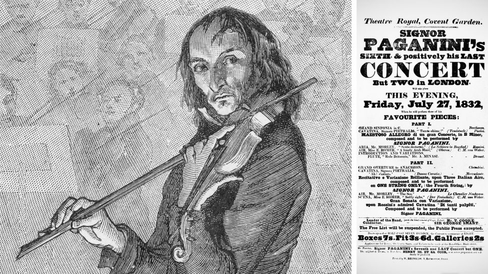 Niccolò Paganini (© Mary Evans Picture Library) und Plakat des Konzerts in London, Covent Garden, 27. Juli 1832 (© akg-images); Montage: radio3