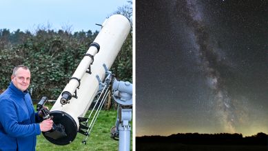 Hobbyastronom Thomas Becker im Sternenpark Westhavelland an seinem Linsenteleskop (© dpa/Jens Kalaene) und Nachthimmel mit Milchstraße (© dpa/Thomas Becker); Montage: radio3