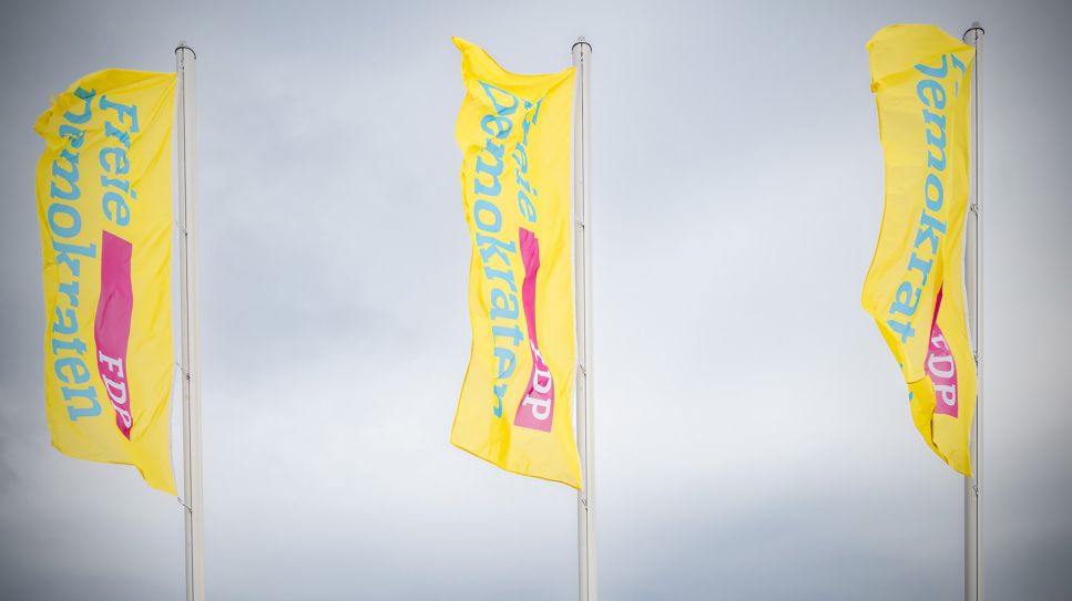 FDP Fahnen vor grauem Himmel: 126. Ordentlicher Landesparteitag der FDP, Fellbach 05.01.2025; © picture alliance/Eibner-Pressefoto/Sandy Dinkelacker