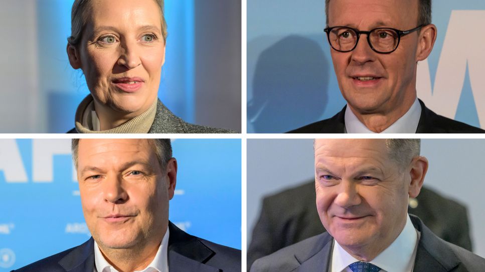 Alica Weidel, Friedrich Merz, Robert Habeck und Olaf Scholz bei der ARD Wahlarena vom 17.02.2025; Fotos: imago-images.de/HMB-Media/Uwe Koch | Montage: radio3