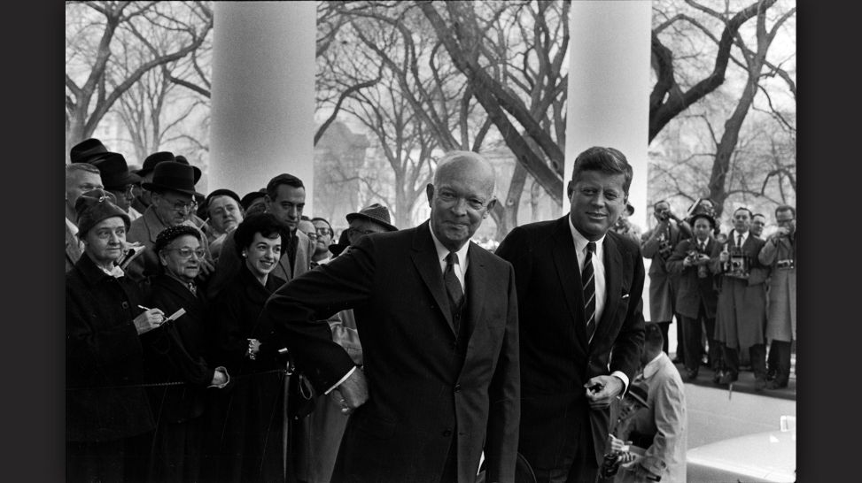 Camera Work: Portraits of Power. U.S. Presidents in Photography: Dwight D. Eisenhower and John F. Kennedy, 1960; © 2023 Elliott Erwitt LLC. All rights reserved. / Magnum Photos / Courtesy of CAMERA WORK Gallery