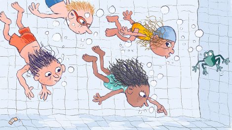 Bunte Zeichnung: vier Kinder tauchen im Schwimmbad unter Wasser, ein Frosch beobachtet sie (Quelle: rbb/OHRENBÄR/Nikolai Renger)