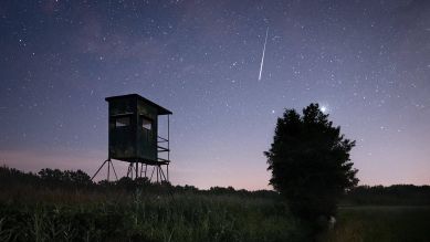 Sternschnuppe am Nachthimmel über einem Feld mit Jägerhochsitz in Brandenburg (Archivfoto) © imago images/imagebroker